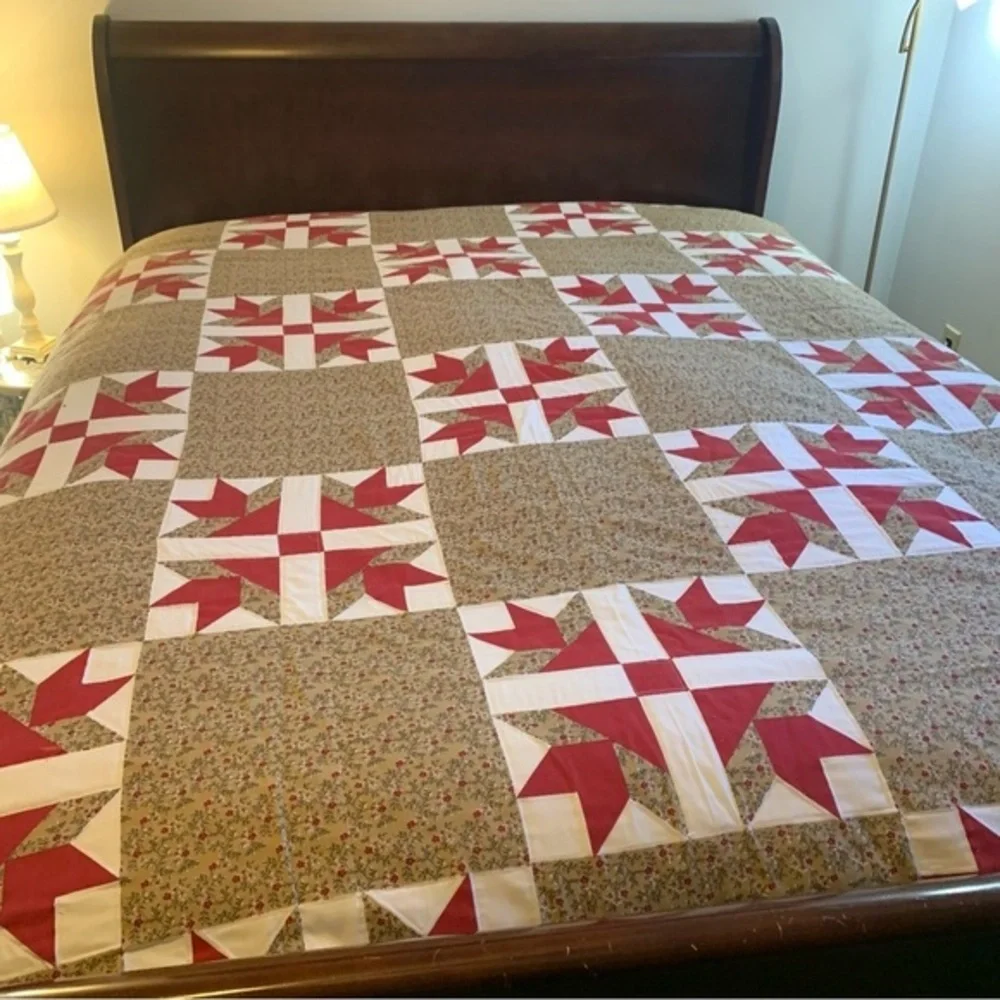 Handmade Cross and Star Queen Size Quilt Red Brown White Floral Fabric